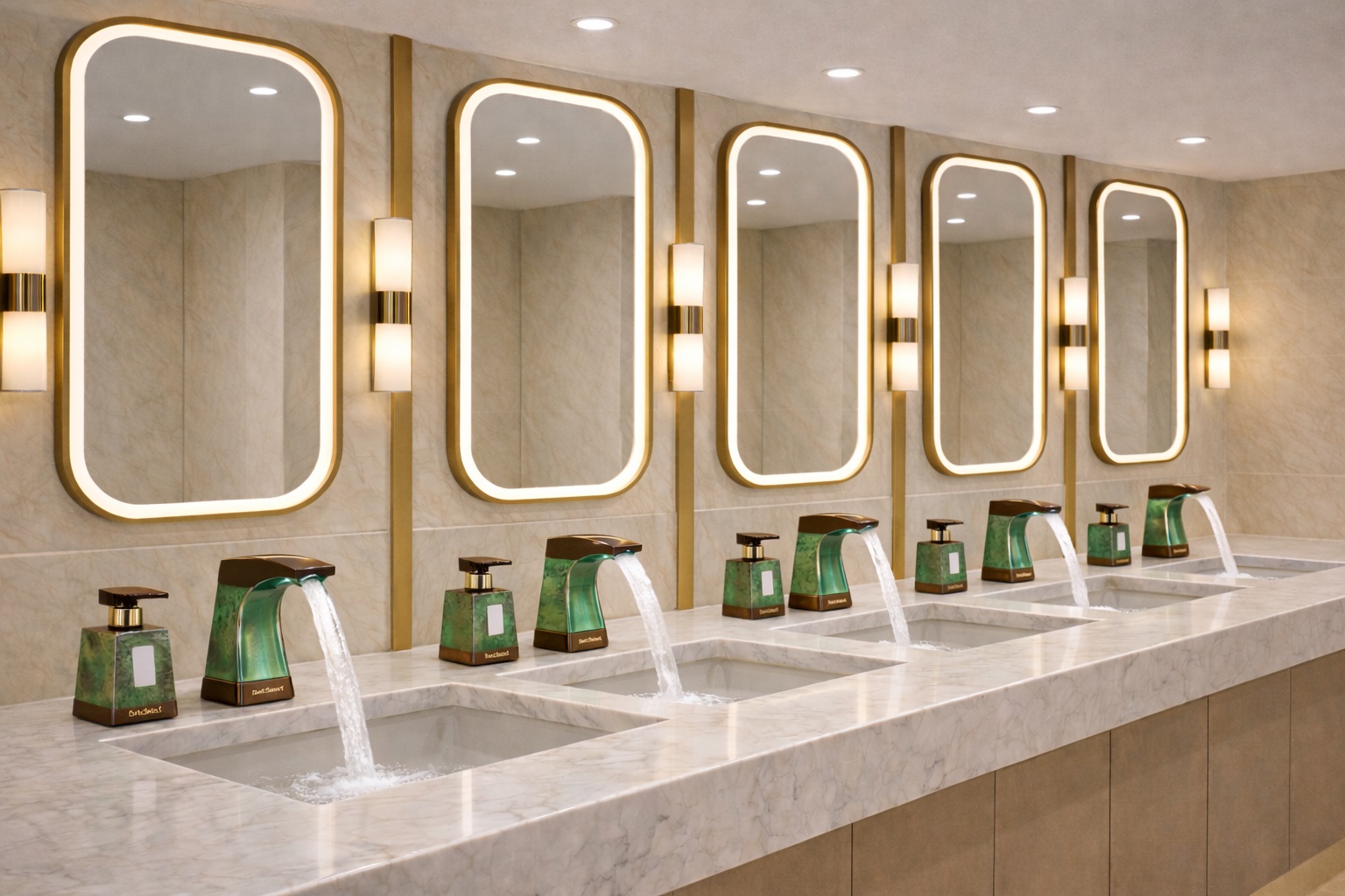 BathSelect architectural soap dispenser faucets integrated into a commercial public restroom handwashing station